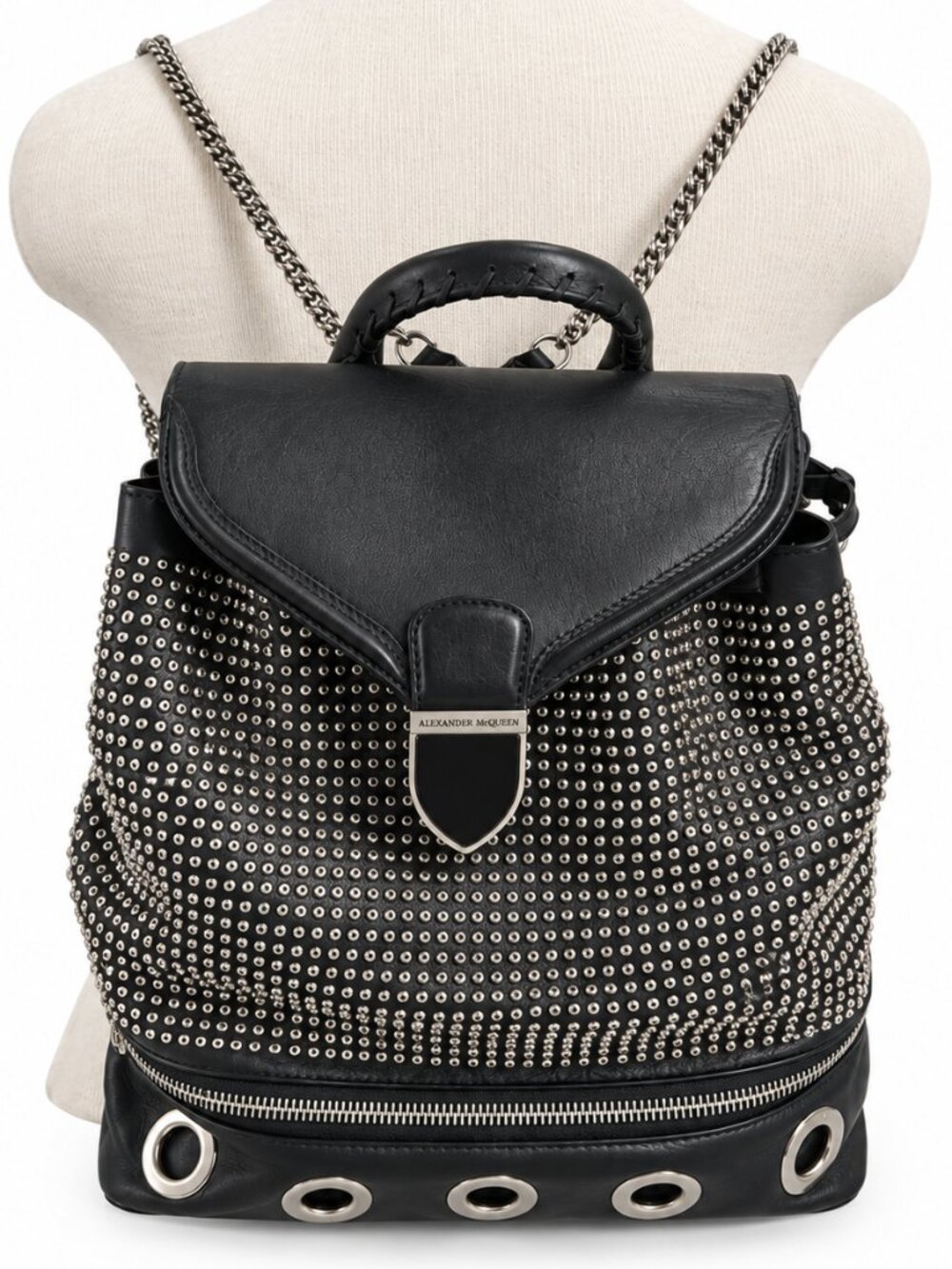 ALEXANDER MCQUEEN Legend Black Leather Studded Grommet Eyelet Small Backpack Bag